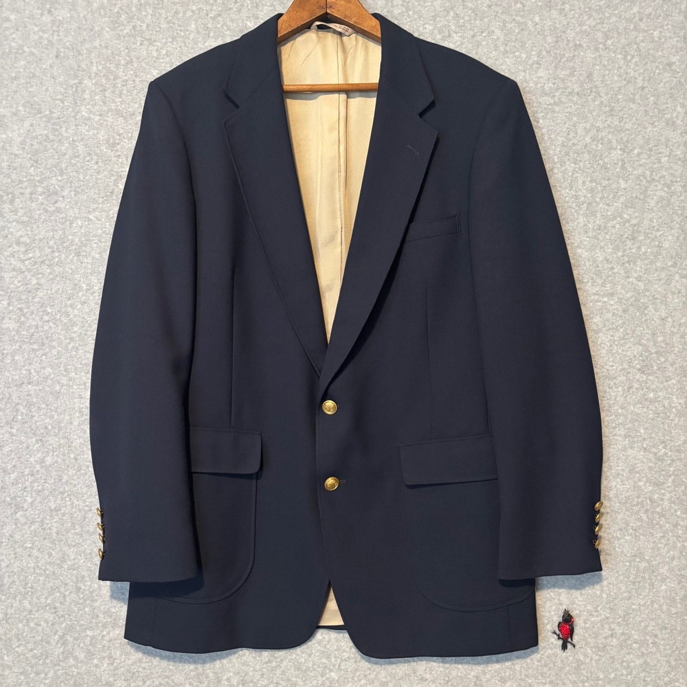 New Castle & York Men's 42L Blazer Navy Blue Gold Crest Buttons USA Vintage 90s